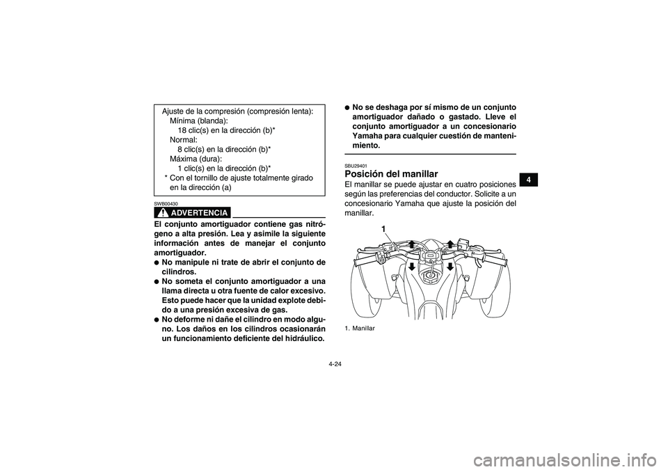 YAMAHA YFZ450R 2011  Manuale de Empleo (in Spanish) 4-24
4
ADVERTENCIA
SWB00430El conjunto amortiguador contiene gas nitró-
geno a alta presión. Lea y asimile la siguiente
información antes de manejar el conjunto
amortiguador.No manipule ni trate d