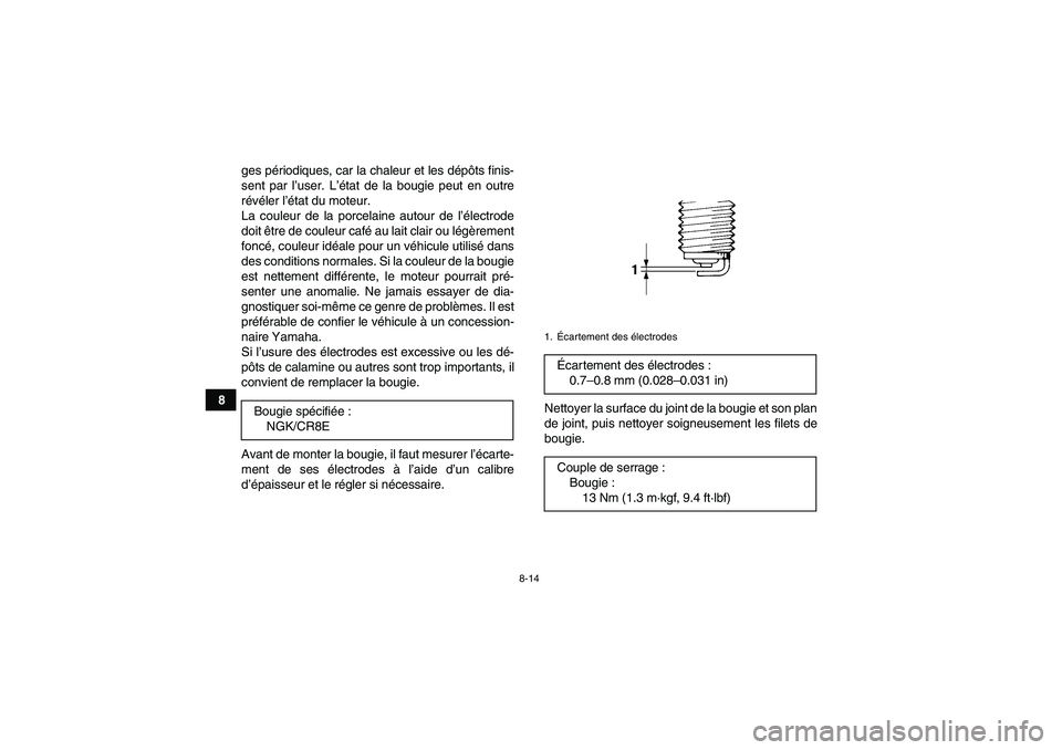 YAMAHA YFZ450R 2001  Notices Demploi (in French) 8-14
8ges périodiques, car la chaleur et les dépôts finis-
sent par l’user. L’état de la bougie peut en outre
révéler l’état du moteur.
La couleur de la porcelaine autour de l’électrod