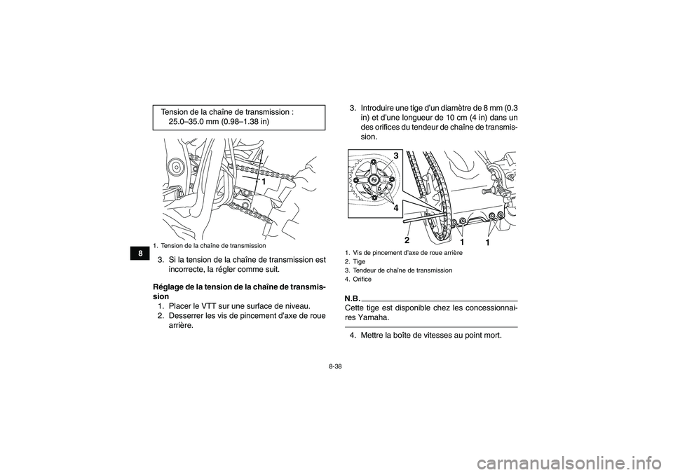 YAMAHA YFZ450R 2001  Notices Demploi (in French) 8-38
8
3. Si la tension de la chaîne de transmission est
incorrecte, la régler comme suit.
Réglage de la tension de la chaîne de transmis-
sion
1. Placer le VTT sur une surface de niveau.
2. Desse