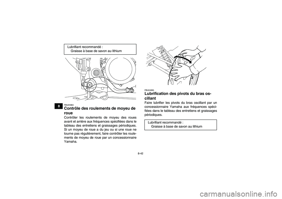 YAMAHA YFZ450R 2001 Notices Demploi (in French) 8-42
8
FBU24963Contrôle des roulements de moyeu de
roue Contrôler les roulements de moyeu des roues
avant et arrière aux fréquences spécifiées dans le
tableau des entretiens et graissages péri YAMAHA YFZ450R 2001 Notices Demploi (in French) 8-42
8
FBU24963Contrôle des roulements de moyeu de
roue Contrôler les roulements de moyeu des roues
avant et arrière aux fréquences spécifiées dans le
tableau des entretiens et graissages péri