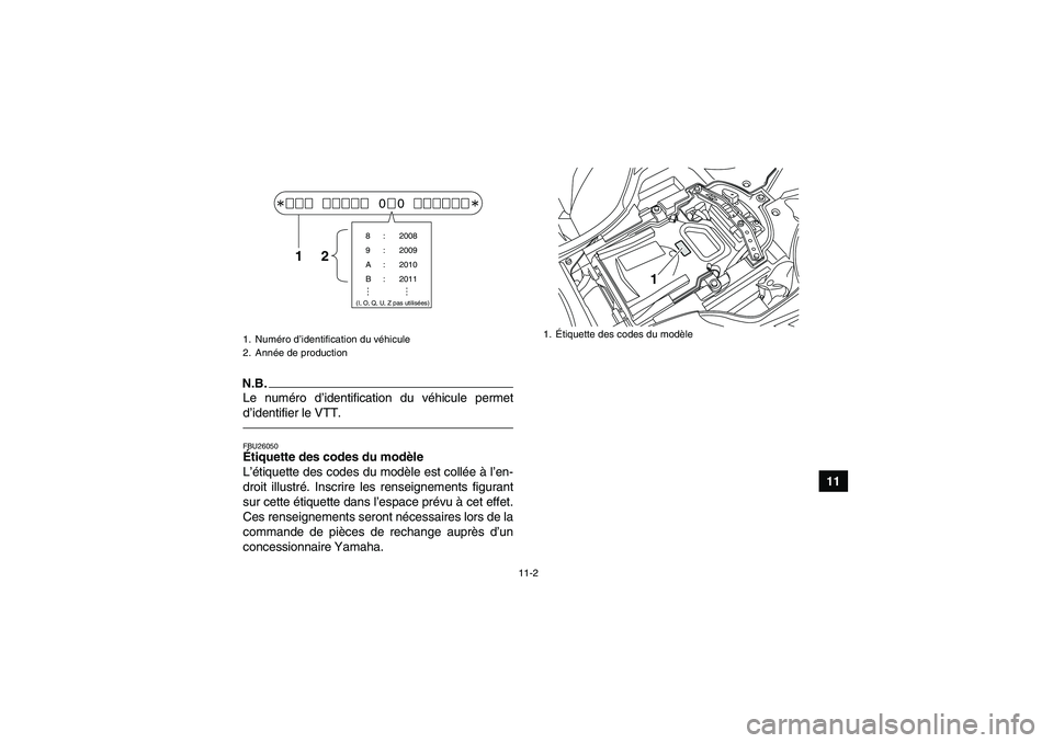 YAMAHA YFZ450R 2001  Notices Demploi (in French) 11-2
11
N.B.Le numéro d’identification du véhicule permet
d’identifier le VTT.FBU26050Étiquette des codes du modèle 
L’étiquette des codes du modèle est collée à l’en-
droit illustré.