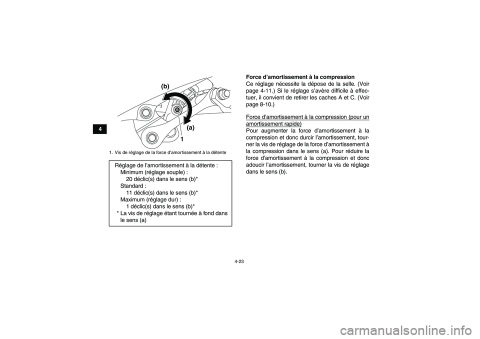 YAMAHA YFZ450R 2001  Notices Demploi (in French) 4-23
4Force d’amortissement à la compression
Ce réglage nécessite la dépose de la selle. (Voir
page 4-11.) Si le réglage s’avère difficile à effec-
tuer, il convient de retirer les caches A