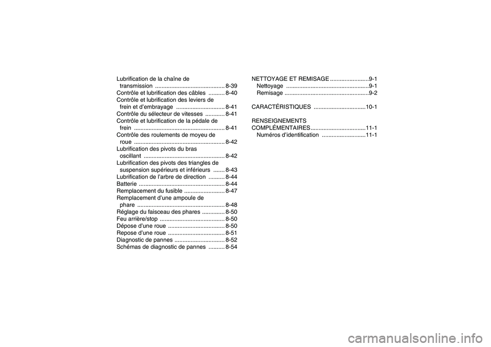 YAMAHA YFZ450R 2001  Notices Demploi (in French) Lubrification de la chaîne de 
transmission ........................................... 8-39
Contrôle et lubrification des câbles .......... 8-40
Contrôle et lubrification des leviers de 
frein et