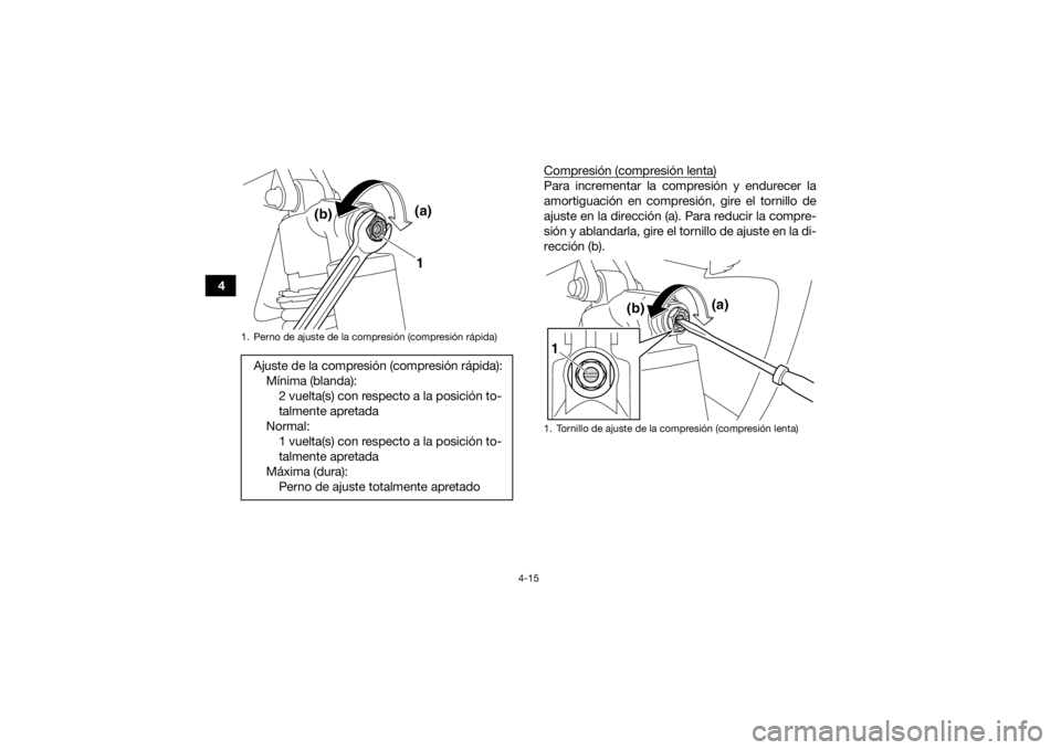 YAMAHA YFZ450R 2010 Manuale de Empleo (in Spanish) 4-15
4Compresión (compresión lenta)
Para incrementar la compresión y endurecer la
amortiguación en compresión, gire el tornillo de
ajuste en la dirección (a). Para reducir la compre-
sión y abl YAMAHA YFZ450R 2010 Manuale de Empleo (in Spanish) 4-15
4Compresión (compresión lenta)
Para incrementar la compresión y endurecer la
amortiguación en compresión, gire el tornillo de
ajuste en la dirección (a). Para reducir la compre-
sión y abl