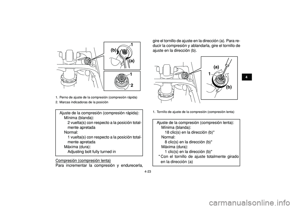 YAMAHA YFZ450R 2009  Manuale de Empleo (in Spanish)  
4-23 
1
2
34
5
6
7
8
9
10
11
 
Compresión (compresión lenta)
Para incrementar la compresión y endurecerla,gire el tornillo de ajuste en la dirección (a). Para re-
ducir la compresión y ablandar
