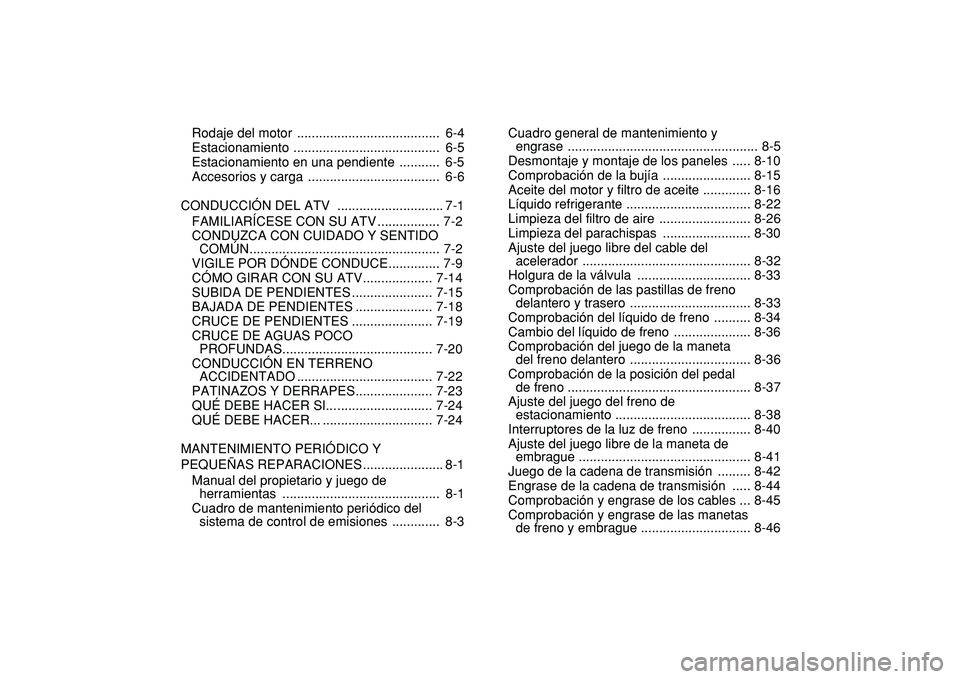 YAMAHA YFZ450R 2009 Manuale de Empleo (in Spanish)
Rodaje del motor ....................................... 6-4
Estacionamiento ........................................ 6-5
Estacionamiento en una pendiente ........... 6-5
Accesorios y carga .. YAMAHA YFZ450R 2009 Manuale de Empleo (in Spanish)
Rodaje del motor ....................................... 6-4
Estacionamiento ........................................ 6-5
Estacionamiento en una pendiente ........... 6-5
Accesorios y carga ..