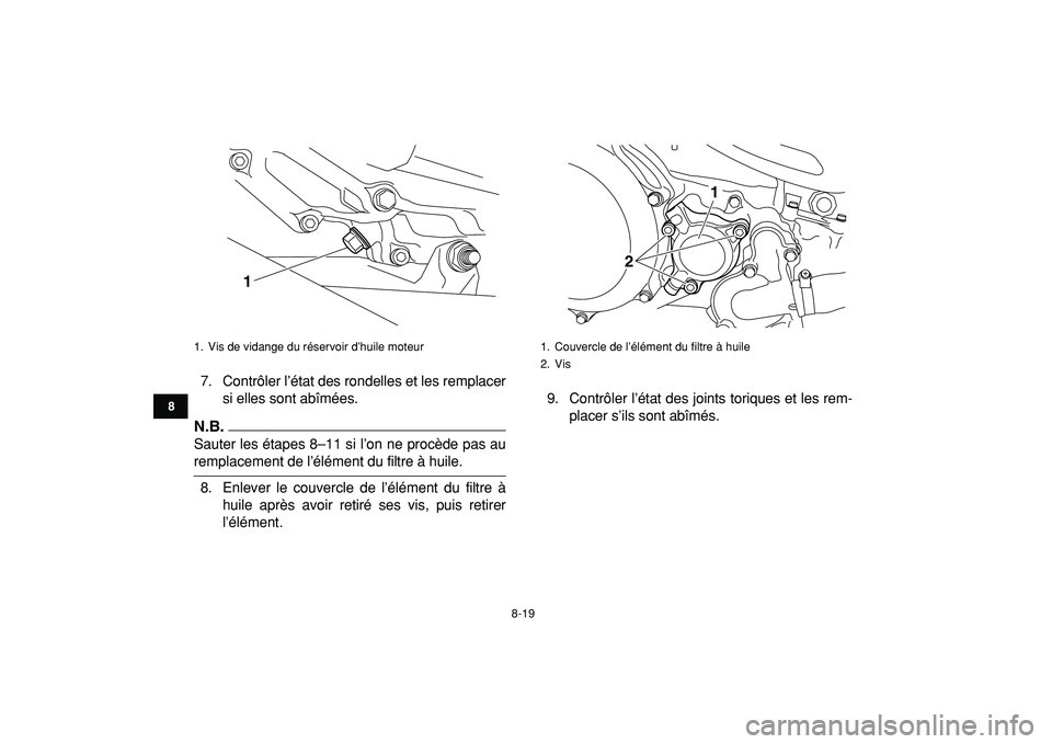 YAMAHA YFZ450R 2009  Notices Demploi (in French)  
8-19 
1
2
3
4
5
6
78
9
10
11
 
7. Contrôler l’état des rondelles et les remplacer
si elles sont abîmées.
N.B.
 
Sauter les étapes 8–11 si l’on ne procède pas au 
remplacement de l’él