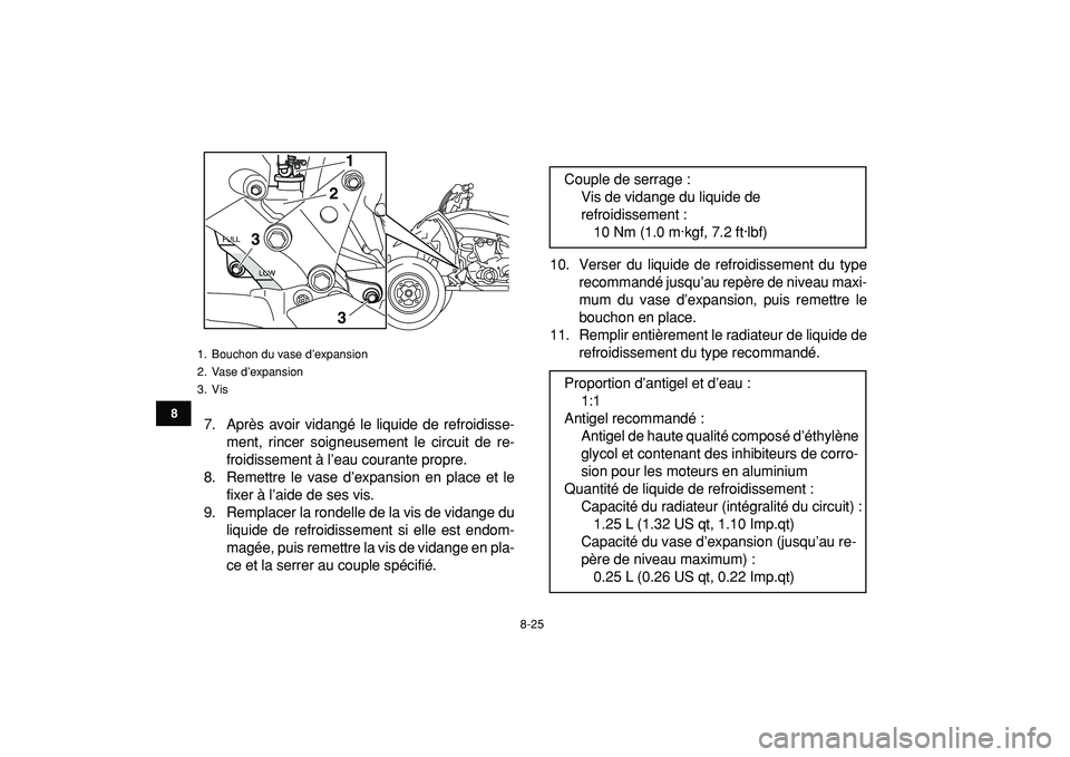 YAMAHA YFZ450R 2009  Notices Demploi (in French)  
8-25 
1
2
3
4
5
6
78
9
10
11
 
7. Après avoir vidangé le liquide de refroidisse-
ment, rincer soigneusement le circuit de re-
froidissement à l’eau courante propre.
8. Remettre le vase d’expa