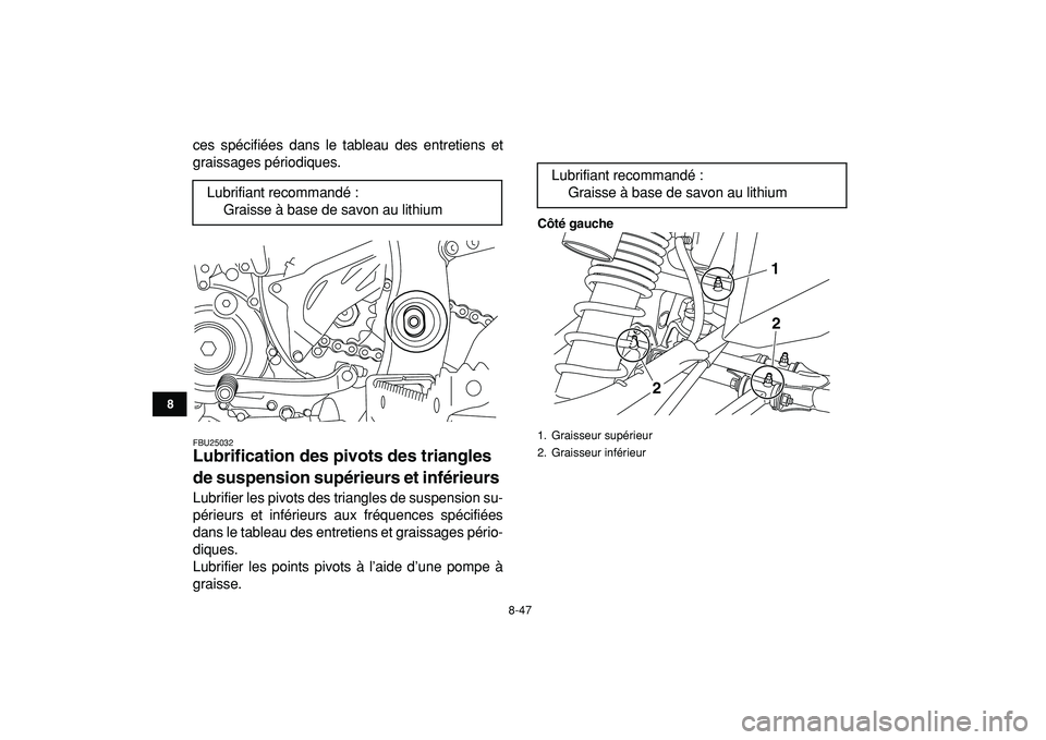 YAMAHA YFZ450R 2009 Notices Demploi (in French)
8-47
1
2
3
4
5
6
78
9
10
11
ces spécifiées dans le tableau des entretiens et
graissages périodiques.
FBU25032
Lubrification des pivots des triangles
de suspension supérieurs et inférieurs YAMAHA YFZ450R 2009 Notices Demploi (in French)
8-47
1
2
3
4
5
6
78
9
10
11
ces spécifiées dans le tableau des entretiens et
graissages périodiques.
FBU25032
Lubrification des pivots des triangles
de suspension supérieurs et inférieurs