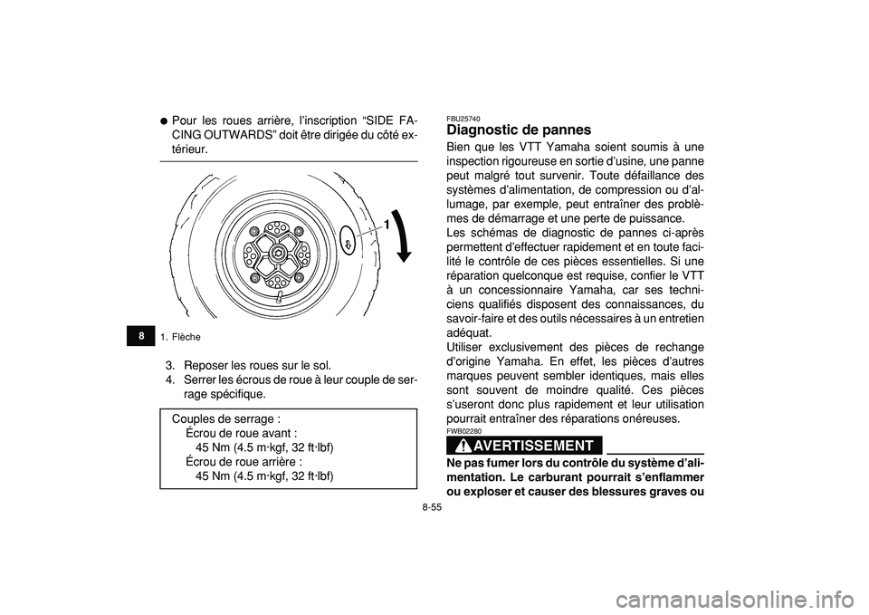 YAMAHA YFZ450R 2009  Notices Demploi (in French)  
8-55 
1
2
3
4
5
6
78
9
10
11
 
 
Pour les roues arrière, l’inscription “SIDE FA-
CING OUTWARDS” doit être dirigée du côté ex- 
térieur.
3. Reposer les roues sur le sol.
4. Serrer les é
