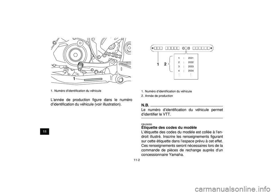 YAMAHA YFZ450R 2009 Notices Demploi (in French)
11-2
1
2
3
4
5
6
7
8
9
1011
L’année de production figure dans le numéro
d’identification du véhicule (voir illustration).N.B.
Le numéro d’identification du véhicule permet
d’identi YAMAHA YFZ450R 2009 Notices Demploi (in French)
11-2
1
2
3
4
5
6
7
8
9
1011
L’année de production figure dans le numéro
d’identification du véhicule (voir illustration).N.B.
Le numéro d’identification du véhicule permet
d’identi