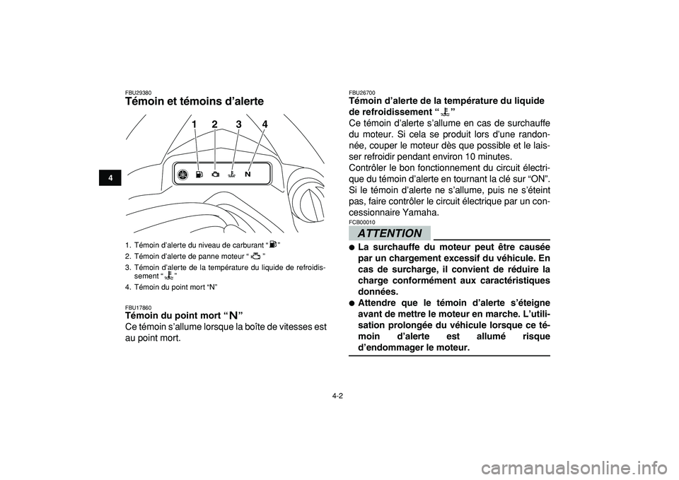 YAMAHA YFZ450R 2009  Notices Demploi (in French)  
4-2 
1
2
34
5
6
7
8
9
10
11
 
FBU29380 
Témoin et témoins d’alerte  
FBU17860 
Témoin du point mort “”  
Ce témoin s’allume lorsque la boîte de vitesses est
au point mort. 
FBU26700 
T