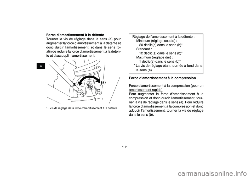 YAMAHA YFZ450R 2009  Notices Demploi (in French)  
4-14 
1
2
34
5
6
7
8
9
10
11
 
Force d’amortissement à la détente 
Tourner la vis de réglage dans le sens (a) pour
augmenter la force d’amortissement à la détente et
donc durcir l’amortis