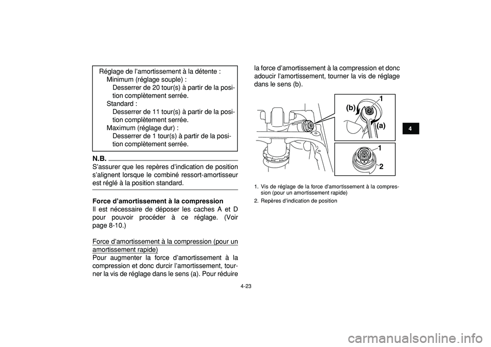 YAMAHA YFZ450R 2009  Notices Demploi (in French)  
4-23 
1
2
34
5
6
7
8
9
10
11
N.B.
 
S’assurer que les repères d’indication de position
s’alignent lorsque le combiné ressort-amortisseur 
est réglé à la position standard. 
Force d’amor