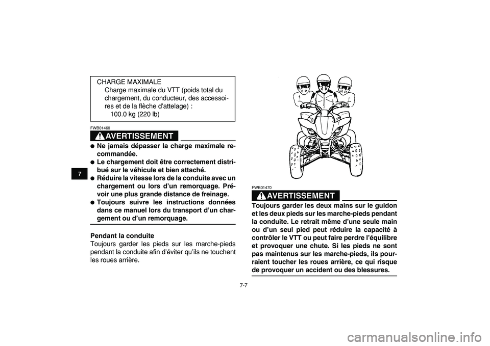 YAMAHA YFZ450R 2009  Notices Demploi (in French)  
7-7 
1
2
3
4
5
67
8
9
10
11
AVERTISSEMENT
 
FWB01460  
 
Ne jamais dépasser la charge maximale re-
commandée. 
 
Le chargement doit être correctement distri-
bué sur le véhicule et bien attac