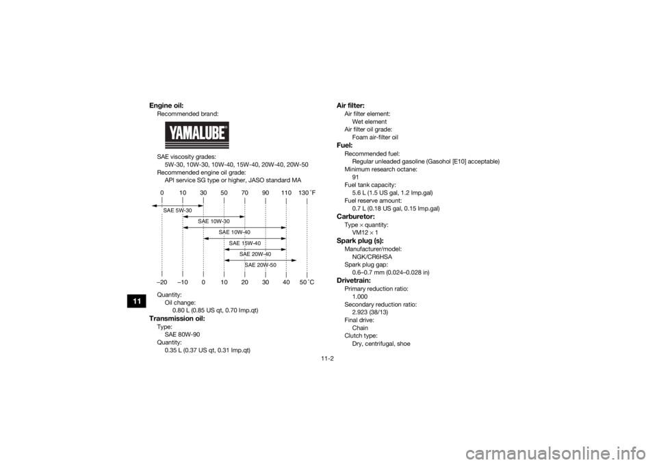 YAMAHA YFZ50 2021 Owners Manual 11-2
11
Engine oil:Recommended brand:
SAE viscosity grades:5W-30, 10W-30, 10W-40, 15W-40, 20W-40, 20W-50
Recommended engine oil grade: API service SG type or higher, JASO standard MA
Quantity: Oil cha YAMAHA YFZ50 2021 Owners Manual 11-2
11
Engine oil:Recommended brand:
SAE viscosity grades:5W-30, 10W-30, 10W-40, 15W-40, 20W-40, 20W-50
Recommended engine oil grade: API service SG type or higher, JASO standard MA
Quantity: Oil cha