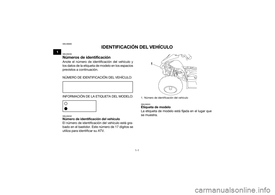 YAMAHA YFZ50 2021  Manuale de Empleo (in Spanish) 1-1
1
SBU38860
IDENTIFICACIÓN DEL VEHÍCULO
SBU28205Números de identificaciónAnote el número de identificación del vehículo y
los datos de la etiqueta de modelo en los espacios
previstos a conti