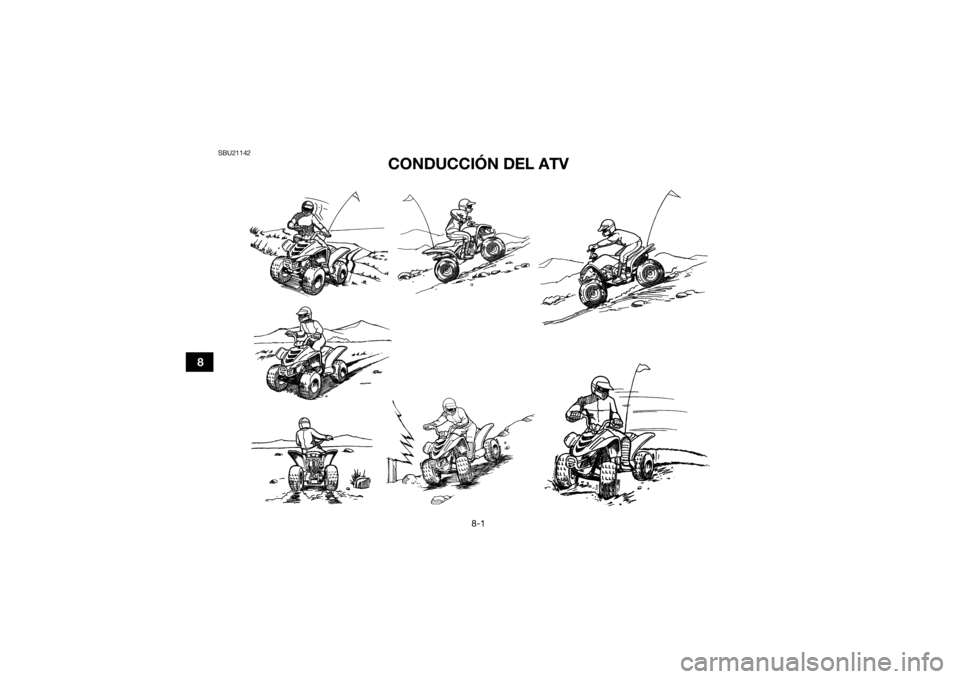 YAMAHA YFZ50 2021 Manuale de Empleo (in Spanish) 8-1
8
SBU21142
CONDUCCIÓN DEL ATV
UBW464S0.book Page 1 Thursday, January 23, 2020 1:11 PM YAMAHA YFZ50 2021 Manuale de Empleo (in Spanish) 8-1
8
SBU21142
CONDUCCIÓN DEL ATV
UBW464S0.book Page 1 Thursday, January 23, 2020 1:11 PM