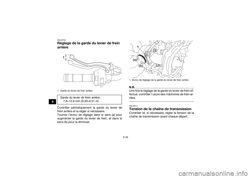 YAMAHA YFZ50 2021  Notices Demploi (in French) 9-26
9
FBU33784Réglage de la garde du levier de frein 
arrièreContrôler périodiquement la garde du levier de
frein arrière et la régler si nécessaire.
Tourner l’écrou de réglage dans le sen