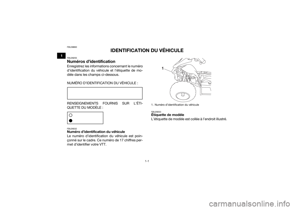 YAMAHA YFZ50 2021  Notices Demploi (in French) 1-1
1
FBU38860
IDENTIFICATION DU VÉHICULE
FBU28205Numéros d’identificationEnregistrez les informations concernant le numéro
d’identification du véhicule et l’étiquette de mo-
dèle dans les