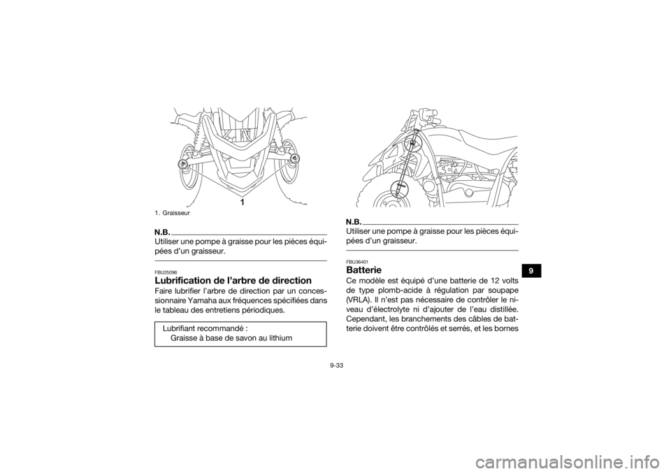 YAMAHA YFZ50 2021 Notices Demploi (in French) 9-33
9
N.B.Utiliser une pompe à graisse pour les pièces équi-
pées d’un graisseur. FBU25096Lubrification de l’arbre de directionFaire lubrifier l’arbre de direction par un conces-
sionnaire YAMAHA YFZ50 2021 Notices Demploi (in French) 9-33
9
N.B.Utiliser une pompe à graisse pour les pièces équi-
pées d’un graisseur. FBU25096Lubrification de l’arbre de directionFaire lubrifier l’arbre de direction par un conces-
sionnaire