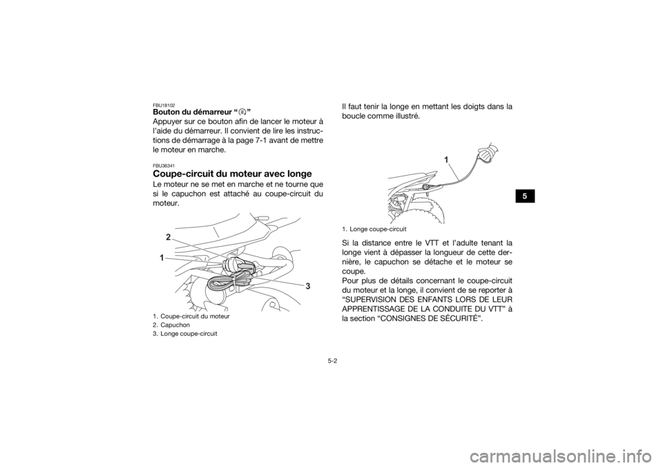 YAMAHA YFZ50 2021  Notices Demploi (in French) 5-2
5
FBU18102Bouton du démarreur “ ”
Appuyer sur ce bouton afin de lancer le moteur à
l’aide du démarreur. Il convient de lire les instruc-
tions de démarrage à la page 7-1 avant de mettre