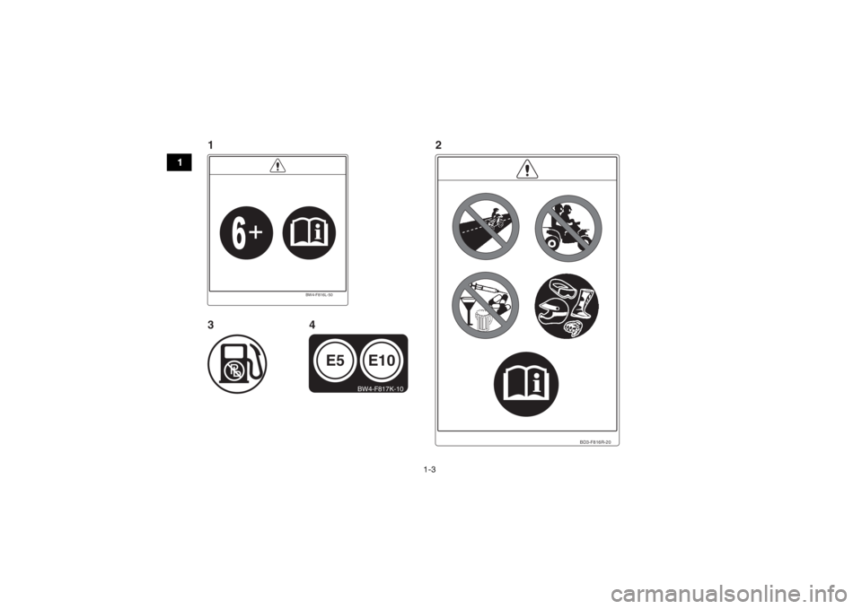 YAMAHA YFZ50 2020  Manuale de Empleo (in Spanish) 1-3
1
BD3-F816R-20
BW4-F816L-50
E10
E5
BW4-F817K-10
1
342
UBW463S0.book  Page 3  Friday, January 18, 2019  11:30 AM 