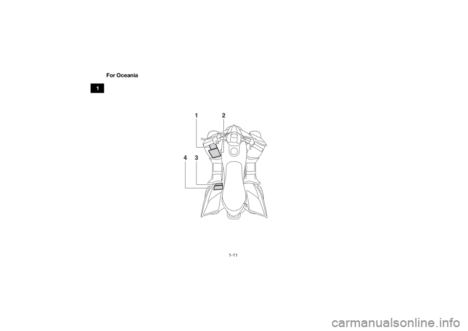 YAMAHA YFZ50 2018 Owners Manual 1-11
1For Oceania
13
4
2
UBW461E0.book  Page 11  Tuesday, January 31, 2017  5:13 PM 