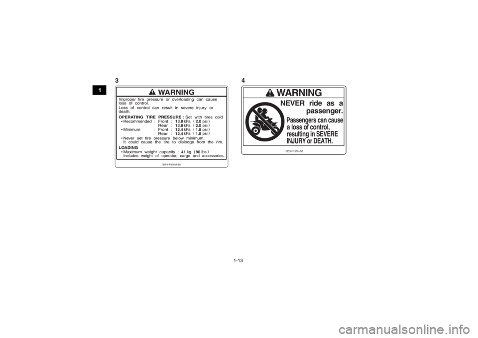 YAMAHA YFZ50 2018  Owners Manual 1-13
1
WARNINGNEVER ride   as   apassenger.
Passengers can causea loss of control,resulting in SEVEREINJURY or DEATH.BD3-F151H-00
2.0
13.8
2.0
13.8
1.8
12.4
1.8
12.49041
BW4-F816M-60
34
UBW461E0.book 