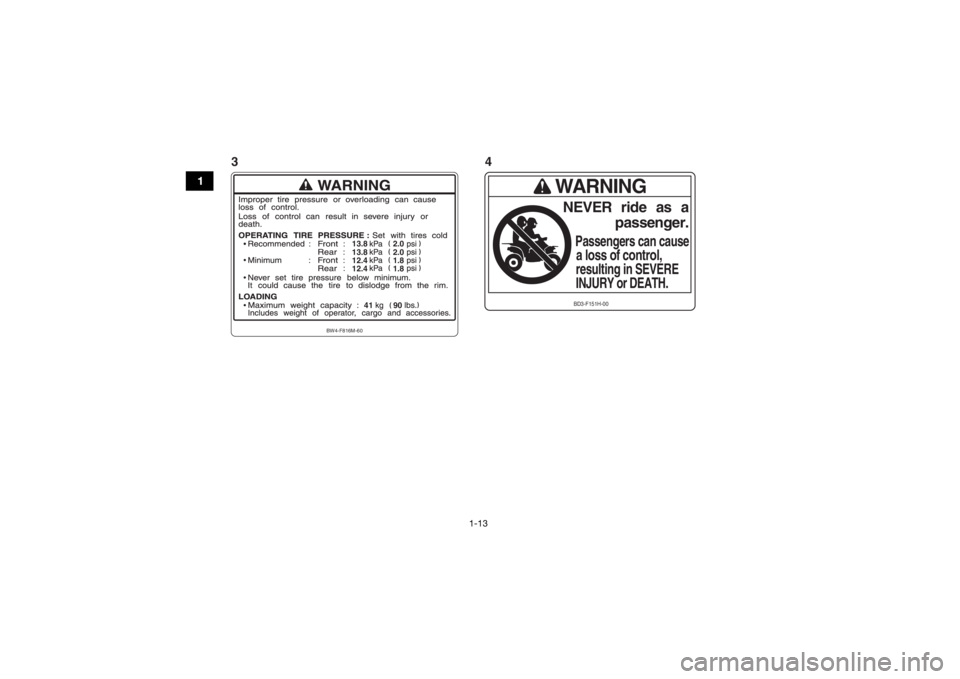 YAMAHA YFZ50 2018 Owners Manual 1-13
1
WARNINGNEVER ride   as   apassenger.
Passengers can causea loss of control,resulting in SEVEREINJURY or DEATH.BD3-F151H-00
2.0
13.8
2.0
13.8
1.8
12.4
1.8
12.49041
BW4-F816M-60
34
UBW461E0.book 