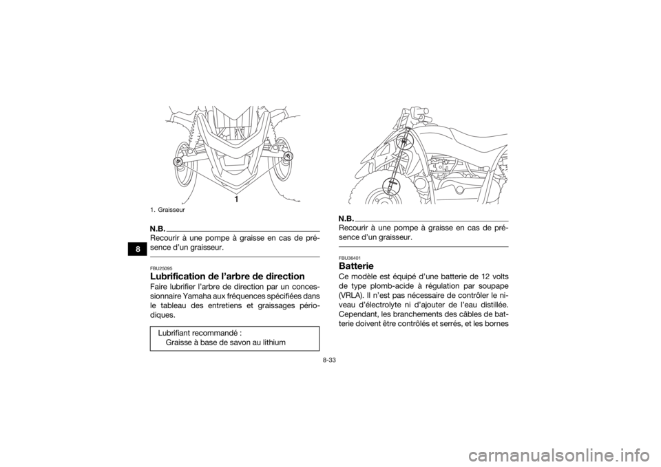 YAMAHA YFZ50 2018 Notices Demploi (in French) 8-33
8
N.B.Recourir à une pompe à graisse en cas de pré-
sence d’un graisseur. FBU25095Lubrification de l’arbre de directionFaire lubrifier l’arbre de direction par un conces-
sionnaire Yamah YAMAHA YFZ50 2018 Notices Demploi (in French) 8-33
8
N.B.Recourir à une pompe à graisse en cas de pré-
sence d’un graisseur. FBU25095Lubrification de l’arbre de directionFaire lubrifier l’arbre de direction par un conces-
sionnaire Yamah