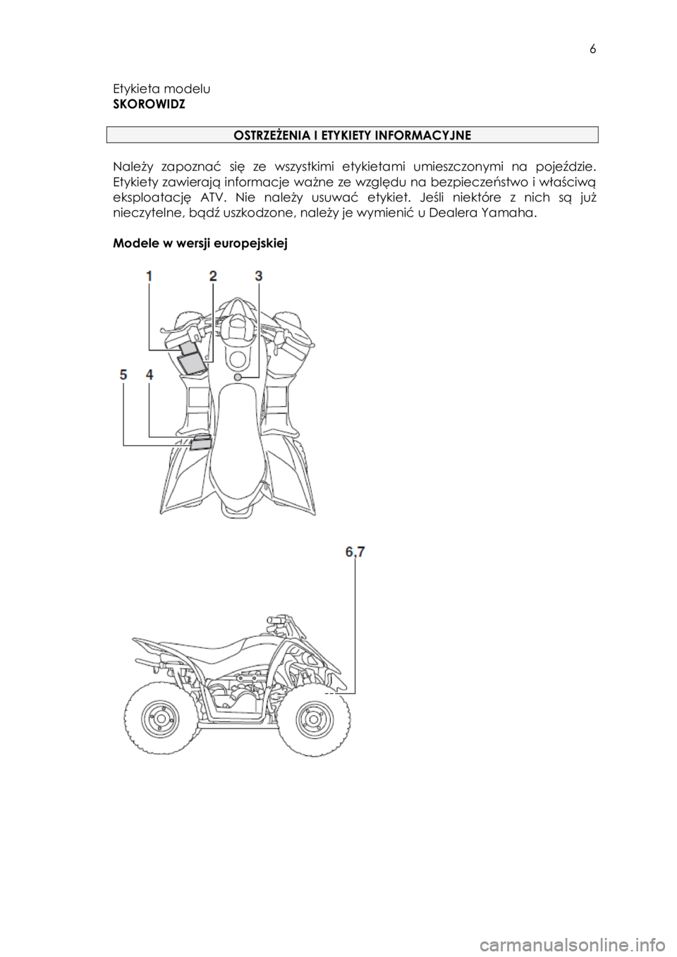 YAMAHA YFZ50 2017  Instrukcja obsługi (in Polish)  6 
Etykieta modelu                        
SKOROWIDZ                          
   
OSTRZEŻENIA I ETYKIETY INFORMACYJNE 
 
Należy zapoznać się  ze wszystkimi etykietami  umieszczonymi  na  pojeźd