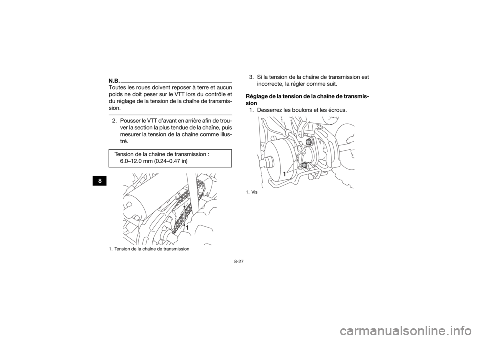 YAMAHA YFZ50 2017  Notices Demploi (in French) 8-27
8
N.B.Toutes les roues doivent reposer à terre et aucun
poids ne doit peser sur le VTT lors du contrôle et
du réglage de la tension de la chaîne de transmis-
sion. 2. Pousser le VTT d’avant