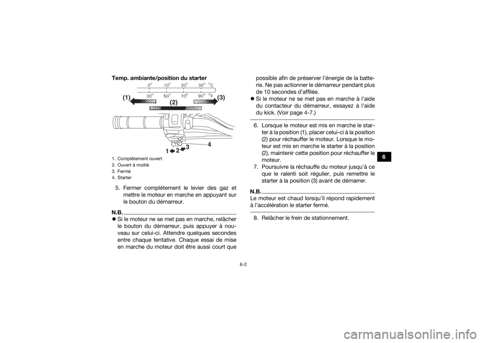 YAMAHA YFZ50 2017 Notices Demploi (in French) 6-2
6
Temp. ambiante/position du starter
5. Fermer complètement le levier des gaz et mettre le moteur en marche en appuyant sur
le bouton du démarreur.
N.B.Si le moteur ne se met pas en marche, r YAMAHA YFZ50 2017 Notices Demploi (in French) 6-2
6
Temp. ambiante/position du starter
5. Fermer complètement le levier des gaz et mettre le moteur en marche en appuyant sur
le bouton du démarreur.
N.B.Si le moteur ne se met pas en marche, r