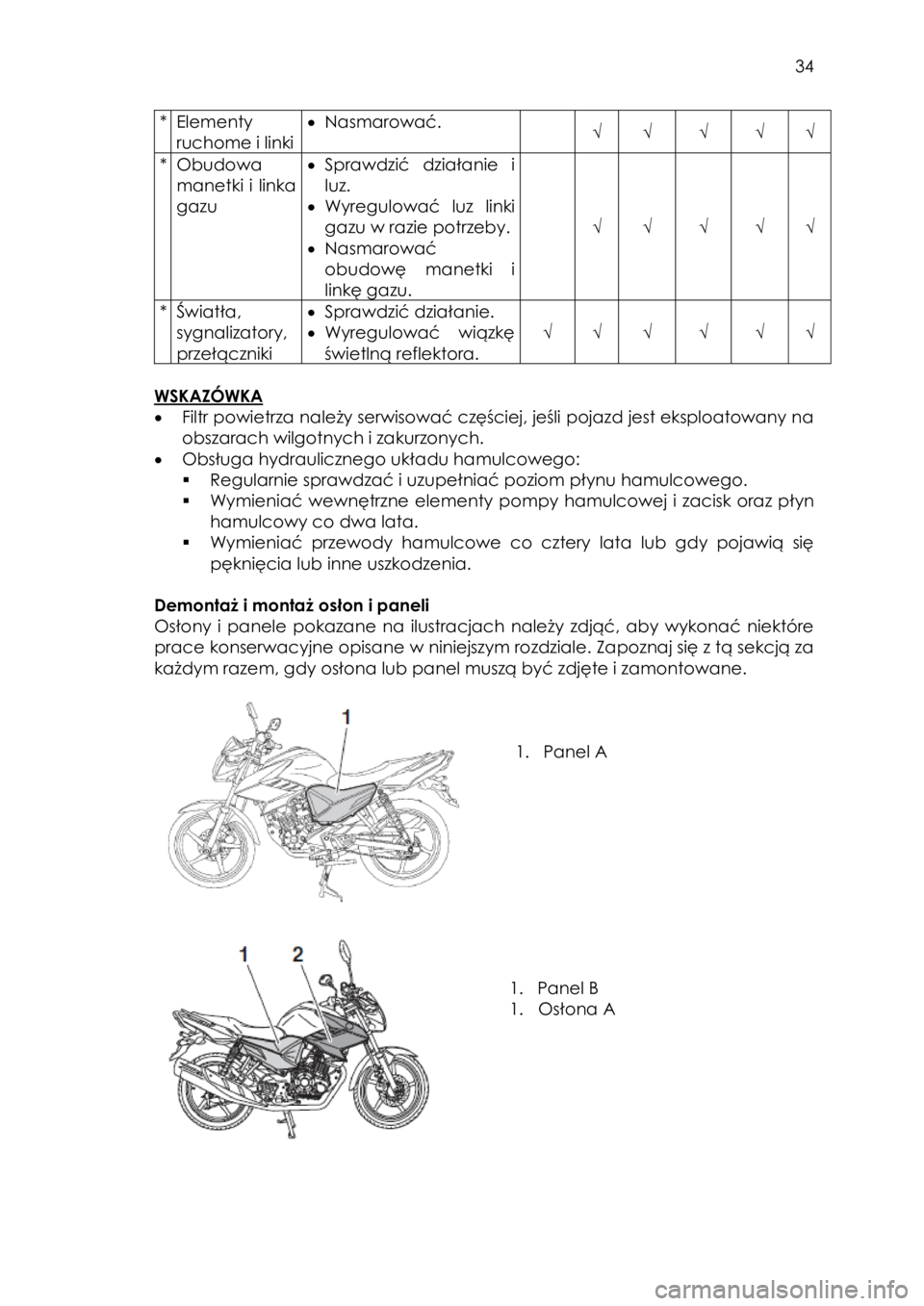 YAMAHA YS125 2018 Instrukcja obsługi (in Polish)
34
* Elementy
ruchome i linki
• Nasmarować. √ √ √ √ √
* Obudowa
manetki i linka
gazu
• Sprawdzić działanie i
luz.
• Wyregulować luz linki
gazu w razie potrz YAMAHA YS125 2018 Instrukcja obsługi (in Polish)
34
* Elementy
ruchome i linki
• Nasmarować. √ √ √ √ √
* Obudowa
manetki i linka
gazu
• Sprawdzić działanie i
luz.
• Wyregulować luz linki
gazu w razie potrz