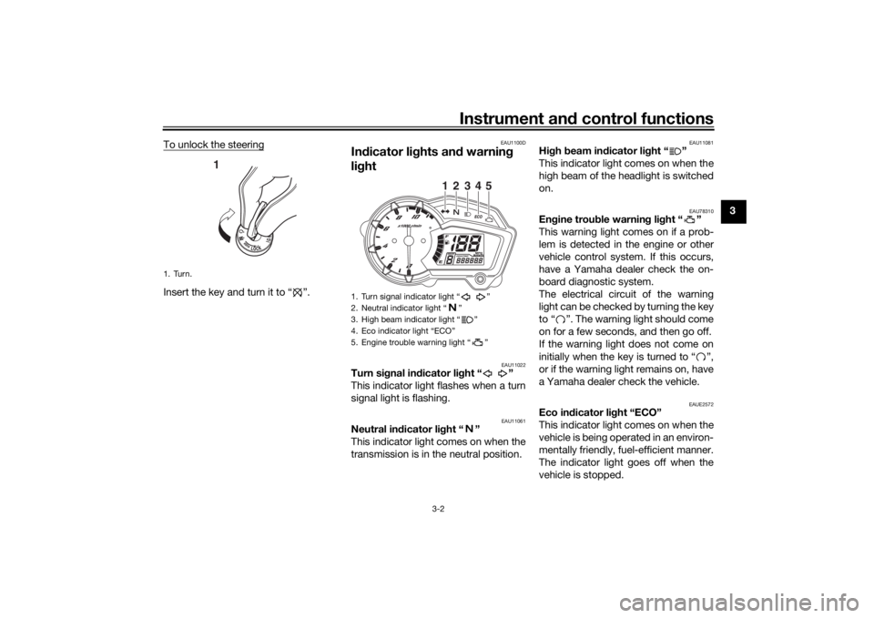 YAMAHA YS125 2017 User Guide Instrument and control functions
3-2
3
To unlock the steering
Insert the key and turn it to “ ”.
EAU1100D
In
dicator li ghts an d warnin g 
lig ht
EAU11022
Turn si gnal in dicator li ght “ ”
T