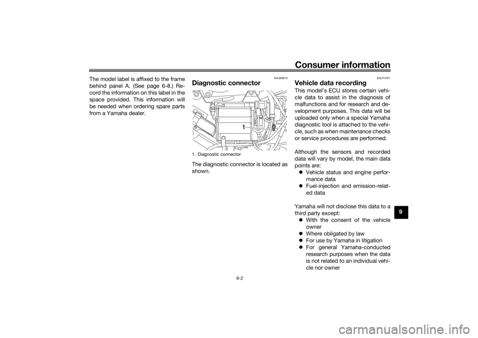 YAMAHA YS125 2017  Owners Manual Consumer information
9-2
9
The model label is affixed to the frame
behind panel A. (See page 6-8.) Re-
cord the information on this label in the
space provided. This information will
be needed when or