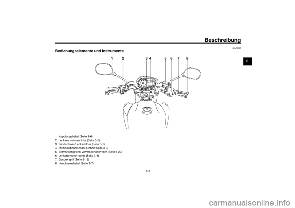 YAMAHA YS125 2017  Betriebsanleitungen (in German) Beschreibung
2-3
2
GAU10431
Be dienun gselemente un d Instrumente
12 34 678
5
1. Kupplungshebel (Seite 3-6)
2. Lenkerarmaturen links (Seite 3-5)
3. Zündschloss/Lenkschloss (Seite 3-1)
4. Multifunktio