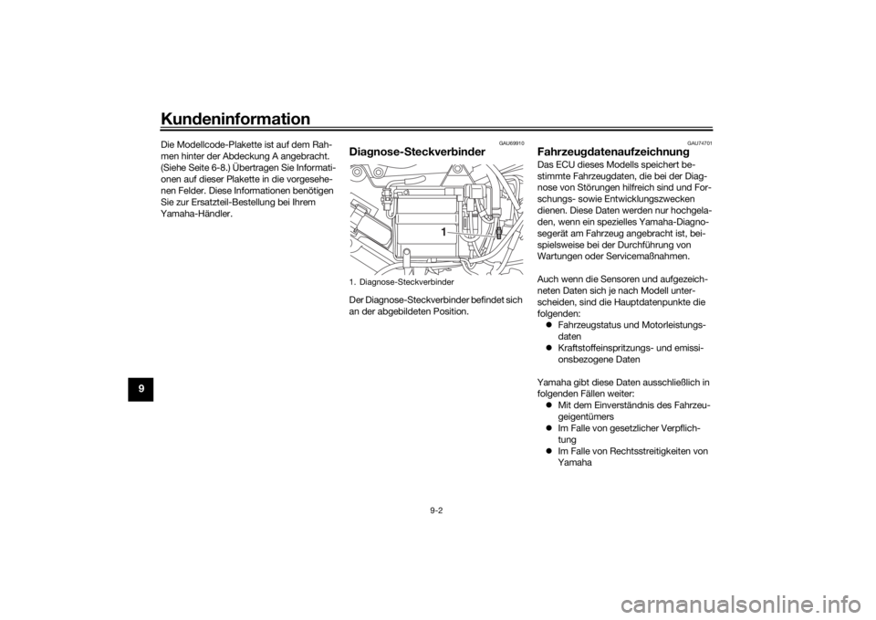 YAMAHA YS125 2017  Betriebsanleitungen (in German) Kundeninformation
9-2
9
Die Modellcode-Plakette ist auf dem Rah-
men hinter der Abdeckung A angebracht. 
(Siehe Seite 6-8.) Übertragen Sie Informati-
onen auf dieser Plakette in die vorgesehe-
nen Fe
