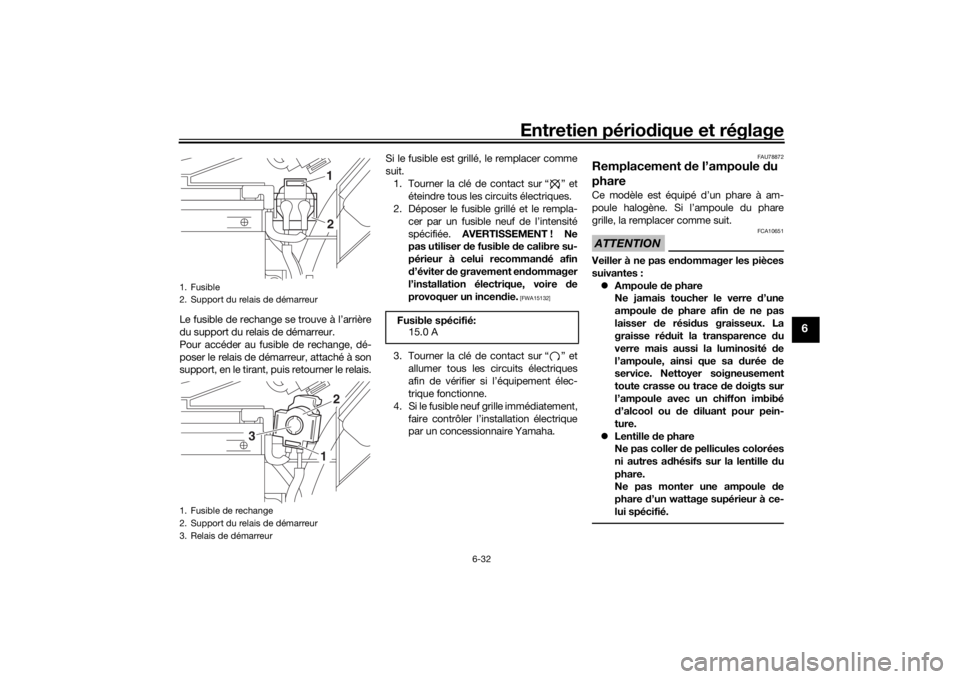 YAMAHA YS125 2017  Notices Demploi (in French) Entretien périodique et réglage
6-32
6
Le fusible de rechange se trouve à l’arrière
du support du relais de démarreur.
Pour accéder au fusible de rechange, dé-
poser le relais de démarreur, 