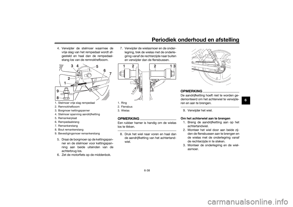 YAMAHA YS125 2017 Instructieboekje (in Dutch) Periodiek on derhoud en afstelling
6-38
6
4. Verwijder de stelmoer waarmee de
vrije slag van het rempedaal wordt af-
gesteld en haal dan de rempedaal-
stang los van de remnokhefboom.
5. Draai de borg YAMAHA YS125 2017 Instructieboekje (in Dutch) Periodiek on derhoud en afstelling
6-38
6
4. Verwijder de stelmoer waarmee de
vrije slag van het rempedaal wordt af-
gesteld en haal dan de rempedaal-
stang los van de remnokhefboom.
5. Draai de borg