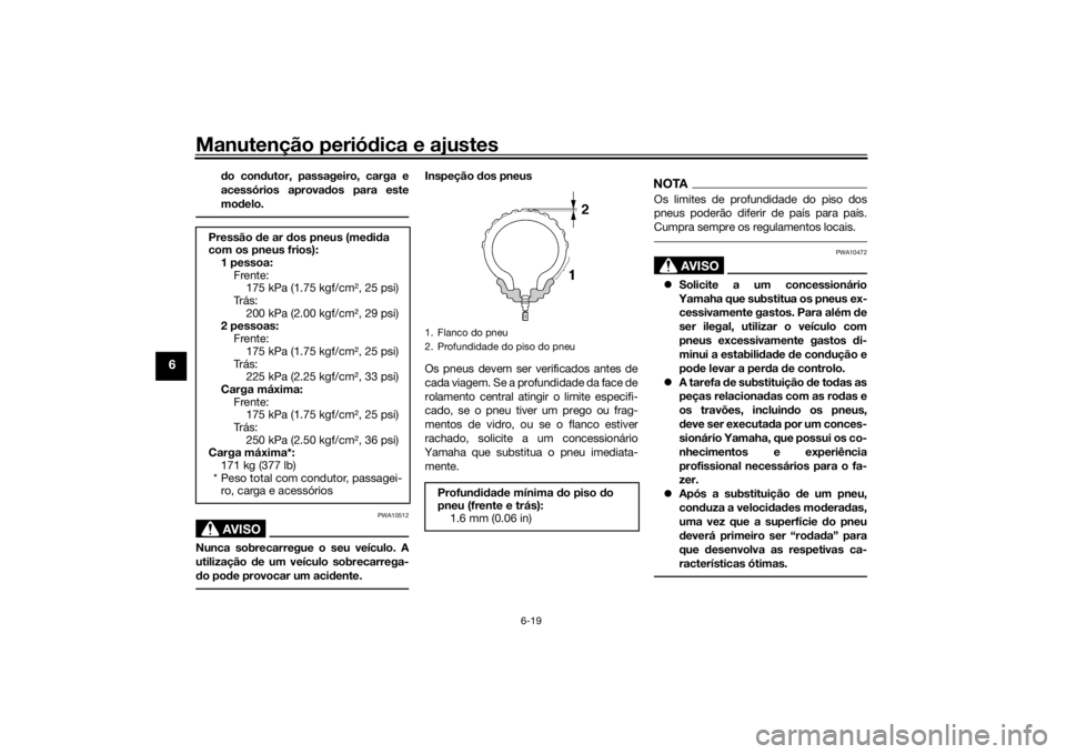 YAMAHA YS125 2017 Manual de utilização (in Portuguese) Manutenção periódica e ajustes
6-19
6
do condutor, passageiro, carga e
acessórios aprovados para este
modelo.AVISO
PWA10512
Nunca sobrecarregue o seu veículo. A
utilização de um veículo sobrec YAMAHA YS125 2017 Manual de utilização (in Portuguese) Manutenção periódica e ajustes
6-19
6
do condutor, passageiro, carga e
acessórios aprovados para este
modelo.AVISO
PWA10512
Nunca sobrecarregue o seu veículo. A
utilização de um veículo sobrec