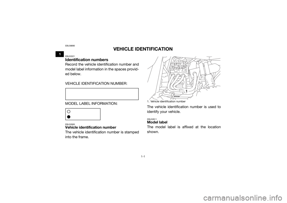 YAMAHA YXZ1000R 2021  Owners Manual 1-1
1
EBU38890
VEHICLE IDENTIFICATION
EBU33321Identification numbersRecord the vehicle identification number and
model label information in the spaces provid-
ed below.
VEHICLE IDENTIFICATION NUMBER:
