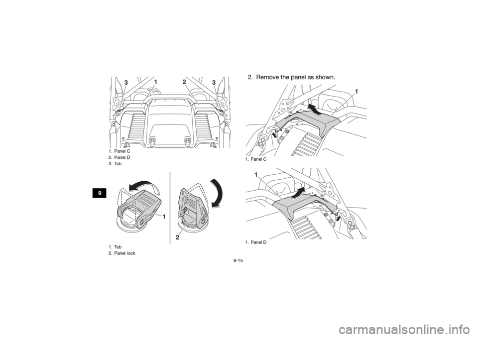 YAMAHA YXZ1000R 2020 Owners Guide 9-15
9
2. Remove the panel as shown.
1. Panel C
2. Panel D
3. Tab
1. Tab
2. Panel lock
1
3
2
3
1
2
1. Panel C
1. Panel D
1
1
UB5J7BE0.book Page 15 Tuesday, June 18, 2019 10:07 AM YAMAHA YXZ1000R 2020 Owners Guide 9-15
9
2. Remove the panel as shown.
1. Panel C
2. Panel D
3. Tab
1. Tab
2. Panel lock
1
3
2
3
1
2
1. Panel C
1. Panel D
1
1
UB5J7BE0.book Page 15 Tuesday, June 18, 2019 10:07 AM