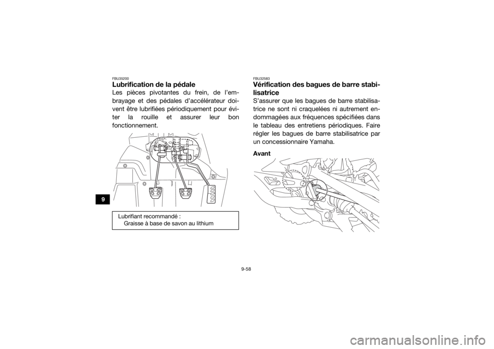 YAMAHA YXZ1000R 2020  Notices Demploi (in French) 9-58
9
FBU35200Lubrification de la pédaleLes pièces pivotantes du frein, de l’em-
brayage et des pédales d’accélérateur doi-
vent être lubrifiées périodiquement pour évi-
ter la rouille e