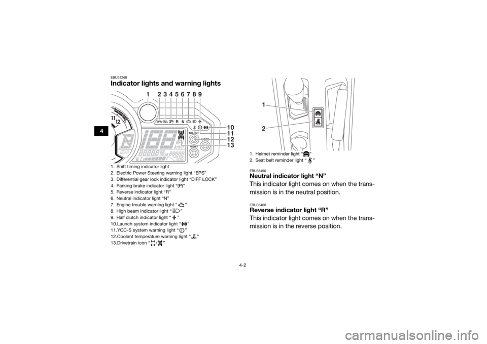 YAMAHA YXZ1000R 2019  Owners Manual 4-2
4
EBU31268Indicator lights and warning lights
EBU35450Neutral indicator light “N”
This indicator light comes on when the trans-
mission is in the neutral position.EBU35460Reverse indicator lig