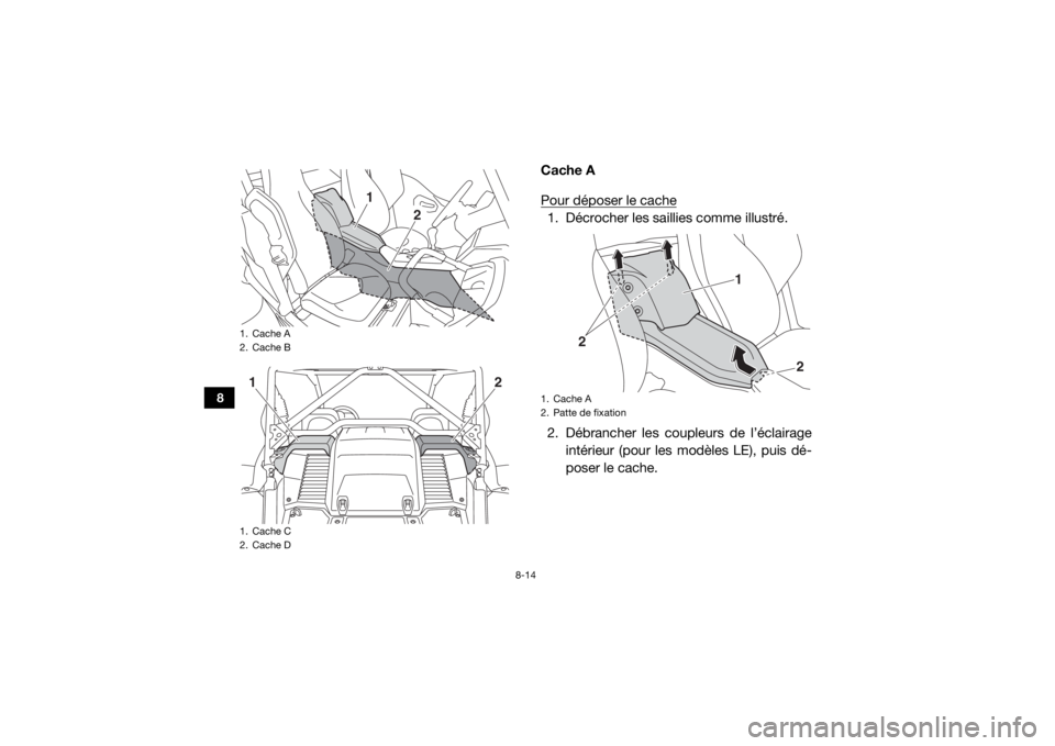 YAMAHA YXZ1000R SS 2019  Notices Demploi (in French) 8-14
8
Cache A
Pour déposer le cache1. Décrocher les saillies comme illustré.
2. Débrancher les coupleurs de l’éclairageintérieur (pour les modèles LE), puis dé-
poser le cache.
1. Cache A
2