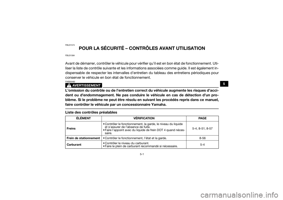 YAMAHA YXZ1000R SS 2019 Notices Demploi (in French) 5-1
5
FBU31574
POUR LA SÉCURITÉ – CONTRÔLES AVANT UTILISATION
FBU31584Avant de démarrer, contrôler le véhicule pour vérifier qu’il est en bon état de fonctionnement. Uti-
liser la liste de YAMAHA YXZ1000R SS 2019 Notices Demploi (in French) 5-1
5
FBU31574
POUR LA SÉCURITÉ – CONTRÔLES AVANT UTILISATION
FBU31584Avant de démarrer, contrôler le véhicule pour vérifier qu’il est en bon état de fonctionnement. Uti-
liser la liste de