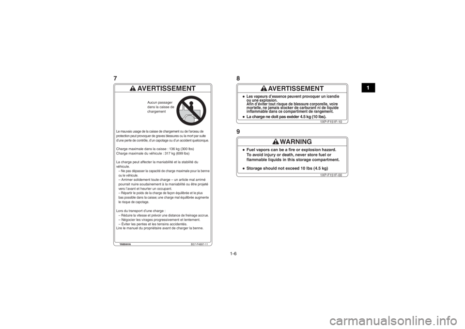 YAMAHA YXZ1000R SS 2018 Notices Demploi (in French) 1-6
1
YAMAHAB57-F4897-11
AVERTISSEMENT
Charge maximale dans la caisse : 136 kg (300 lbs)
Charge maximale d u véhicule : 317 kg (699 l bs)
La charge pe ut affecter la mania bilité et la stabilité d YAMAHA YXZ1000R SS 2018 Notices Demploi (in French) 1-6
1
YAMAHAB57-F4897-11
AVERTISSEMENT
Charge maximale dans la caisse : 136 kg (300 lbs)
Charge maximale d u véhicule : 317 kg (699 l bs)
La charge pe ut affecter la mania bilité et la stabilité d