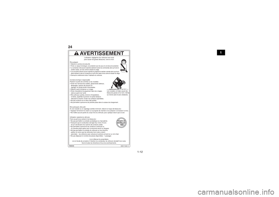 YAMAHA YXZ1000R 2018 Notices Demploi (in French) 1-12
1
YAMAHA2MB-F1568-10
AVERTISSEMENT
PILOTE DEPILOTE DEMOINS DEMOINS DE1616PILOTE DE
MOINS DE16
Lire le Manuel du propriétaire.
Lire le Guide de conseils à l’intention du conducteur du véhicul YAMAHA YXZ1000R 2018 Notices Demploi (in French) 1-12
1
YAMAHA2MB-F1568-10
AVERTISSEMENT
PILOTE DEPILOTE DEMOINS DEMOINS DE1616PILOTE DE
MOINS DE16
Lire le Manuel du propriétaire.
Lire le Guide de conseils à l’intention du conducteur du véhicul